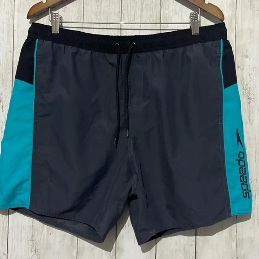 Speedo Men's Swim Trunks‎ Shorts Black Teal Logo Elastic Waist Drawstring XXL